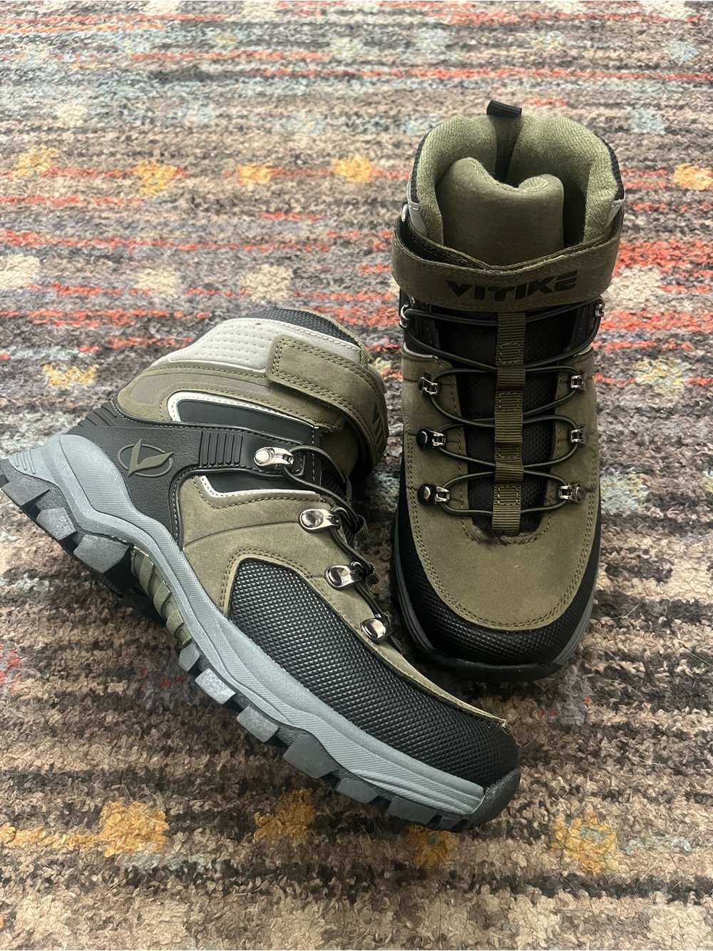 Boys Olive Green Trekking Boots with Black and Gray Accents